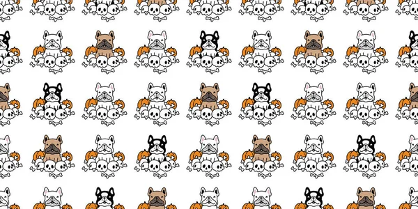 Köpeğin kusursuz desenli Fransız buldog kafatası Cadılar Bayramı balkabağı vektör karikatürü ürkütücü yavru köpek fayanslı arka plan hediye paketi eşarp izole edilmiş duvar kağıdı karalama karakteri çizimi