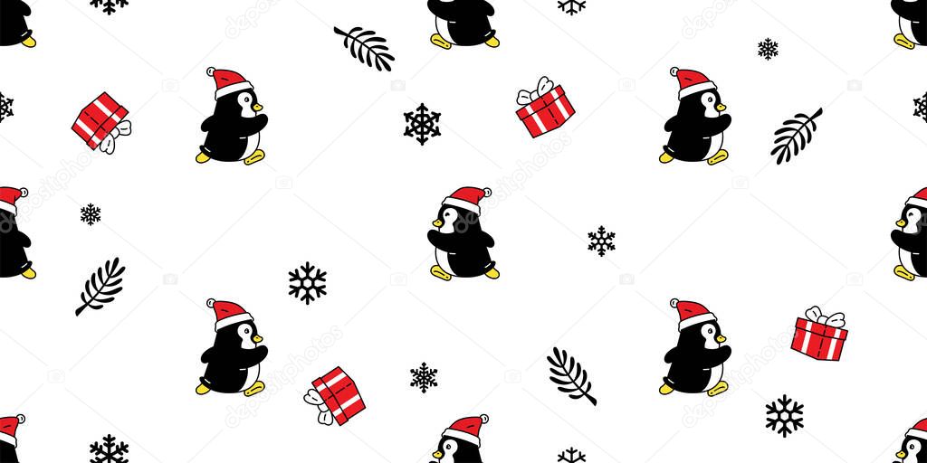 Penguin seamless pattern christmas santa claus hat running bird vector snowflake gift box birthday duck cartoon repeat wallpaper  tile background gift wrapping paper illustration design scarf isolated