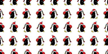 Penguen desensiz Noel Baba şapkalı kuş vektör ördek çizgi filmi tekrarlayan duvar kağıdı karo arka plan hediye ambalajlı kağıt illüstrasyon eşarbı izole edilmiş