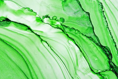 Alkol mürekkebi soyut yeşil ve beyaz arka plan. Tasarım için suluboya dokusu arka planı. Mürekkeple boyanmış arka plan, yüksek çözünürlüklü kusursuz doku. Metin ve doku tasarımı için boş bir yer var.