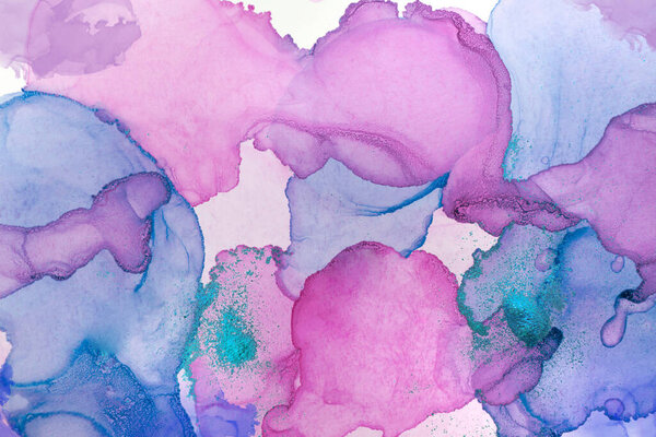 Alcohol ink pink abstract background. Purple, violet abstract backdrop texture. Copy space for banner, design, poster, backdrop. High resolution colorful watercolor vibrant splashes.