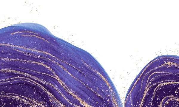 Alcohol ink abstract fluid art. Golden sparkles on ink texture. Deep blue, violet, purple watercolor art backdrop. Copy space for text, design art work or product. Watercolor brush strokes on canvas.