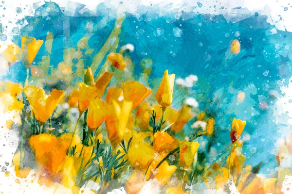 Aquarela Amarelo Tulipas Flores Céu Azul Flores Coloridas Brilhantes Com — Fotografia de Stock
