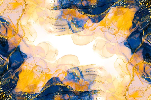 Alcohol ink blue, yellow texture. Watercolor background for design.  High resolution oil painted texture for text. Seamless backdrop. Orange  brushstroke on canvas. Blank space for design.