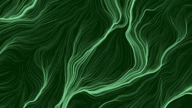 Koyu yeşil soyut kavram arka planı. Dijital sanat tasarımı. Modern çizgili arka plan. Dalgalı çizgiler koyu dokuda zeytin rengi. Neon Parlayan Işınlar