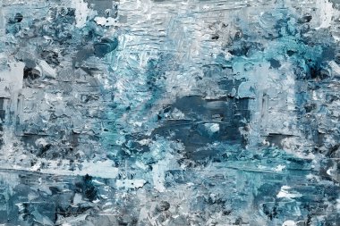 Yağlı boya doku. Tuvalde büyük fırça darbeleri. Mavi ve turkuaz kağıt dokuya sıçrar. Benekli şekilli akrilik çizimler. Doku arkaplanı. Parlak renkler. Grunge tarzı