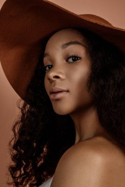 Close up portrait of sensual young female in hat. Clean skin. Healthy care. Portrait of beautiful african american in hat isolated. Studio shoot. Portrait of beauty girl model with natural make up