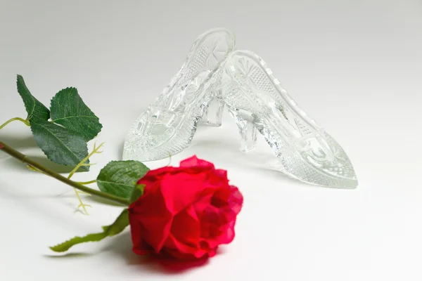 Sapatos de cristal feminino em branco com flor de rosas — Fotografia de Stock