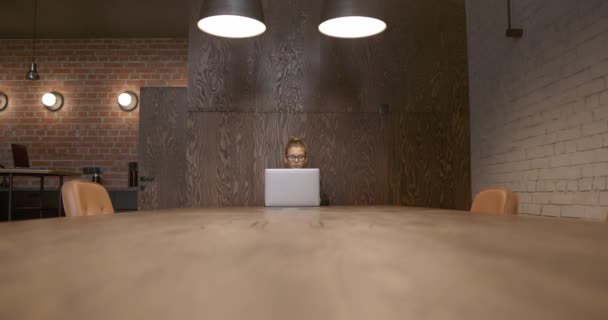 Mujer de negocios escribiendo en el ordenador portátil, trabajando en gran loft con muebles — Vídeos de Stock