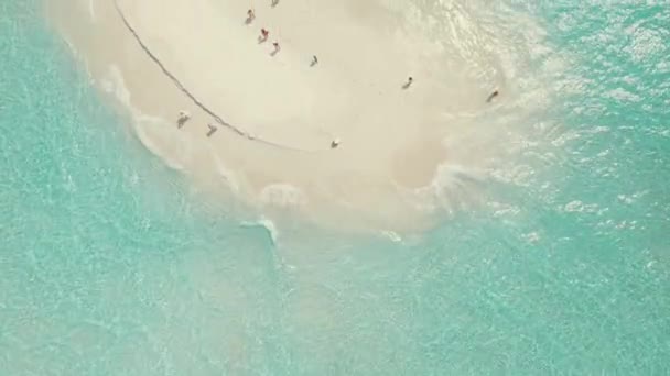 Luftaufnahme vom Strand auf den Malediven mit Menschen, Blick von oben auf klares Wasser und Insel — Stockvideo