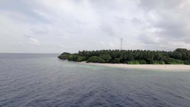 Drone volare sopra l'oceano Indiano, costa con foresta, tempo nuvoloso a Maldvies — Video Stock