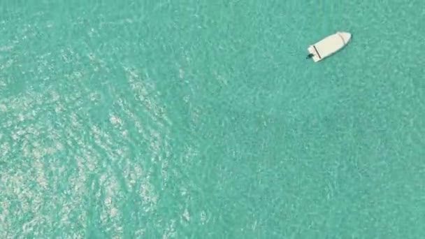 Luchtfoto vliegen over strand in Malediven met mensen, bovenaanzicht van schip op water — Stockvideo