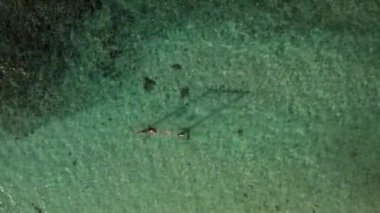 İnsansız hava aracı salıncak üzerinde uçuyor. Adam ve çocukla. Okyanusun en iyi görüntüsü.