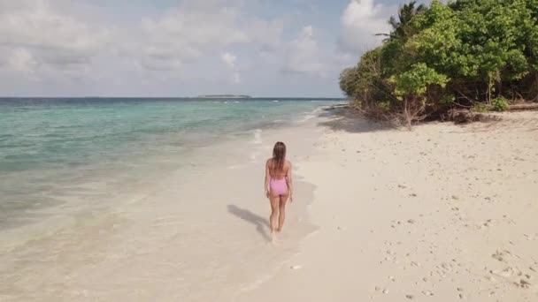 Женщина гуляет по пляжу в солнечную погоду, на Мальдивах волны и деревья — стоковое видео