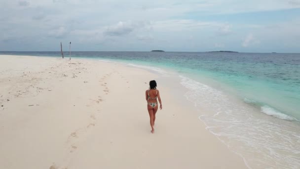 Foto Aérea Mujer Joven Traje Baño Pie Playa Olas Color — Vídeos de Stock