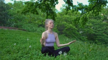 Genç ve formda bir kadın sabah vakti parkta yoga yapıyor. Güzel kız dışarıda yoga egzersizi yapıyor. Gerçek zamanlı.