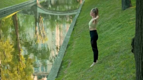 朝の公園でヨガを練習する若いフィットの女性 屋外でヨガの練習をするかなりの女の子 リアルタイム — ストック動画