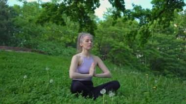 Genç ve formda bir kadın sabah vakti parkta yoga yapıyor. Güzel kız dışarıda yoga egzersizi yapıyor. Gerçek zamanlı.