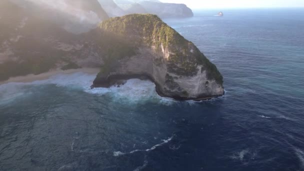 Aereo Drone Colpo Volo Uccello Spiaggia Rocciosa Con Scogliera Oceano — Video Stock
