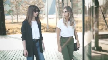 İki moda blogcular, Sarışın, kahverengi saçlı, güneş gözlüğü ve akıllı rahat kıyafetler içinde yürüyüş ve sokak moda trendleri yaz Park tartışıyor. Yavaş hareket orta atış izleme