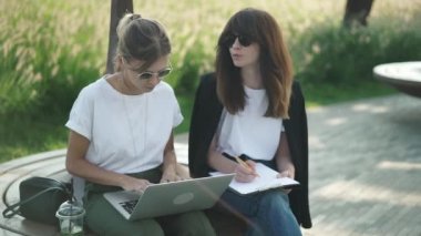 Esmer ve sarışın genç moda blogcular yaz Park dizüstü bilgisayar ile oturup işlerini görüşüyorlar. Serbest ve moda yaşam tarzı kavramı. Kaymak ağır çekim portre vurdu.