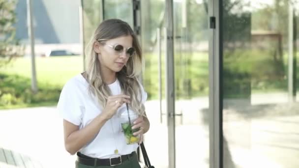 선글라스와 캐주얼 옷에서 매력적인 공원에서 차가운 Mohito 마시는 스트리트 라이프 — 비디오