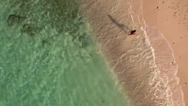 在马尔代夫的海滩 美丽的热带岛屿和印度洋绿松石浪上行走的年轻女子的俯瞰景象 假日和旅行的概念 — 图库视频影像