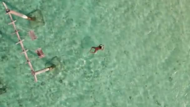 Drone Drone Ansicht Von Strand Schaukel Und Frau Schwimmen Und — Stockvideo