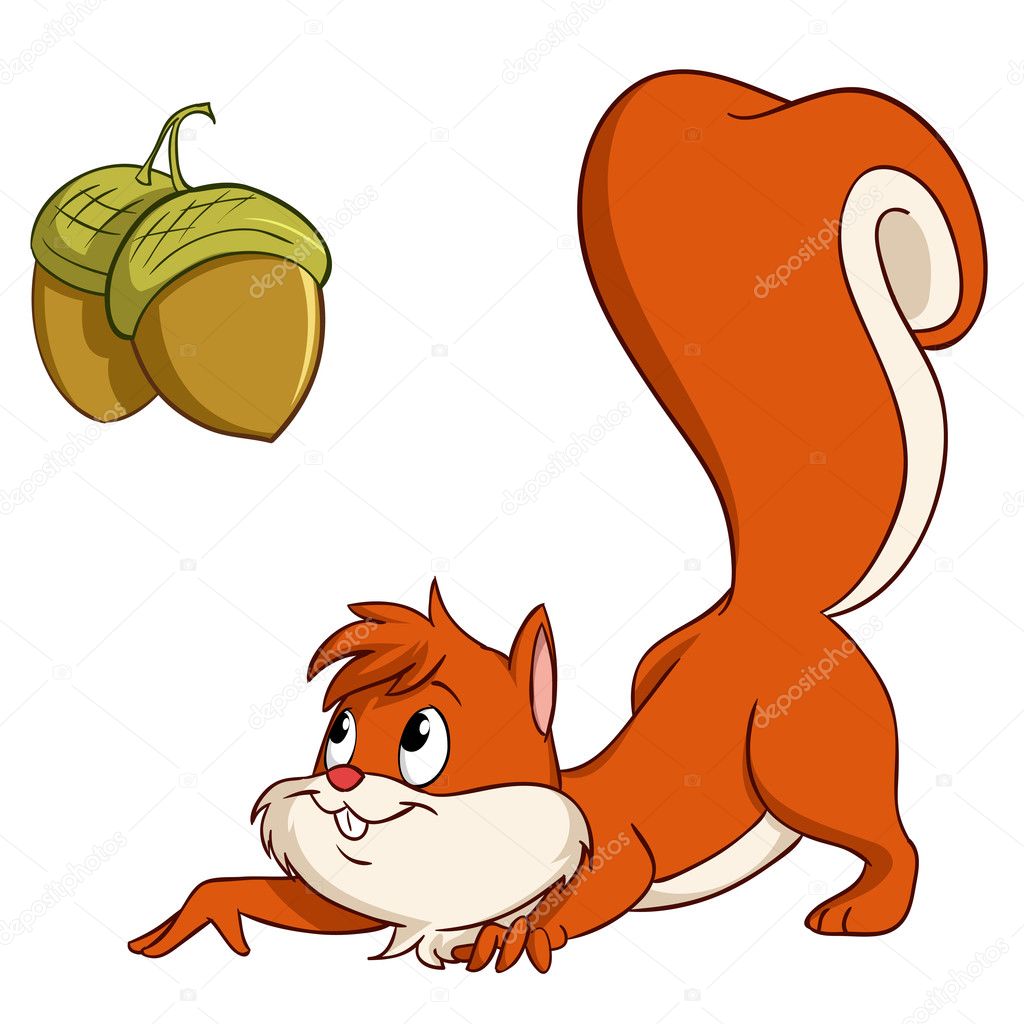 Cartoon squirrel sneak up to nuts