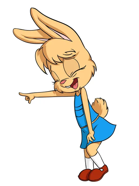 Cartoon little laugh rabbit female in blue skirt and shirt — Stock Vector