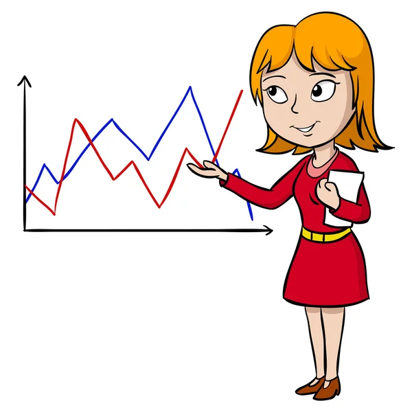 Cartoon kvinna närvarande diagram — Stock vektor