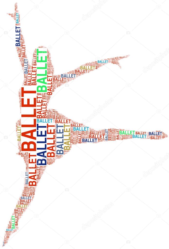 Ballerina info-text graphic (multi colour) and arrangement concept on white background (word cloud)
