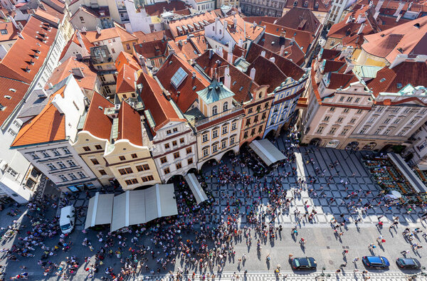View of crowds gathering in front of the Prague Astronomical Clock.
