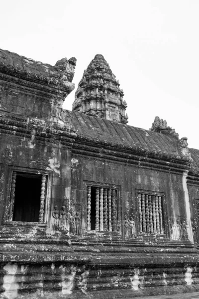 Vista Blanco Negro Del Patrimonio Unesco Angkor Wat Siem Reap — Foto de Stock