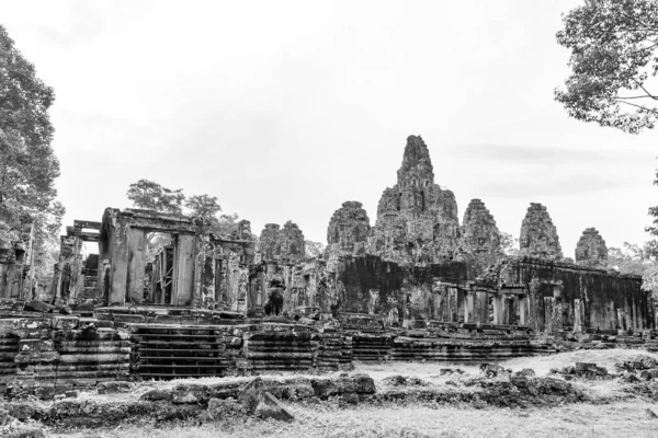 Vista Panorámica Blanco Negro Bayon Angkor Thom Siem Reap Camboya — Foto de Stock