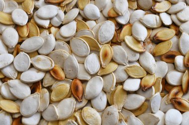 Kavrulmuş ve kavrulmuş olmayan kabak çekirdeklerinin üst görünümü. 