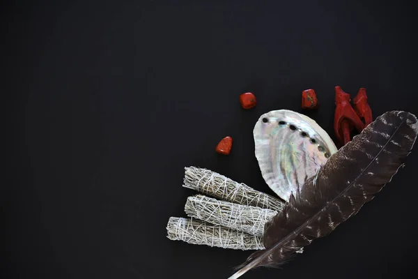 Ein Bild Von Oben Mit Weißen Salbeischmierstöcken Und Seeohr Muschel — Stockfoto