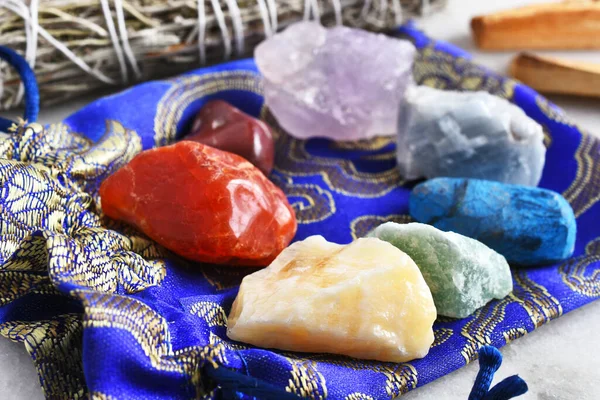 Close Image Chakra Healing Crystals White Sage Smudge Sticks Blue — Stock Photo, Image