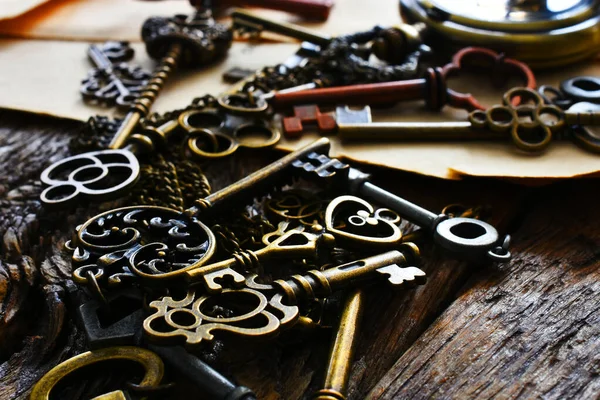Low Angle Image Several Small Vintage Keys Gold Colored Pocket — Stock fotografie