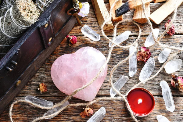 Top View Image Heart Shaped Rose Quartz Crystal Lit Candle — Fotografia de Stock
