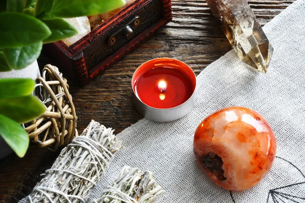 Close Image Red Carnelian Crystal Lit Red Candle Smokey Quartz — Stock Fotó