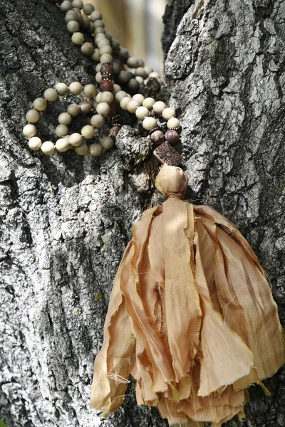Close Image Mala Necklace Peace Colored Tassels Resting Tree Branch — Stock Photo, Image