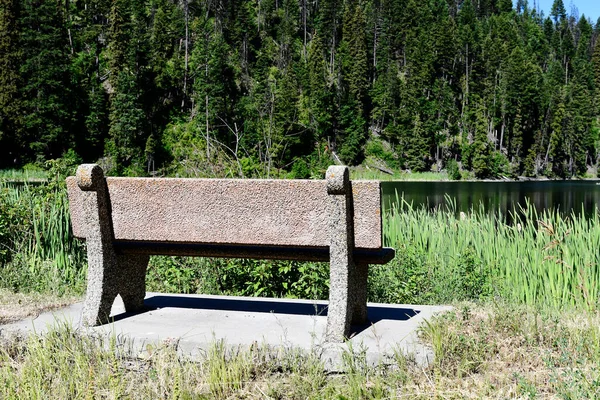 An image of an old concrete park bench at the edge of a lake on a bright sunny afternoon.