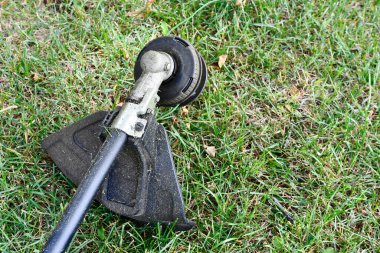 A top view image of a black and yellow weed whacker on green grass. 