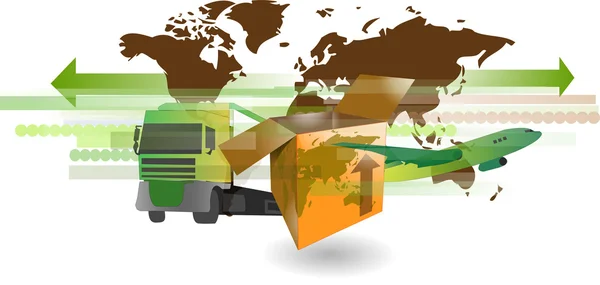 Karton pudełku z ciężarówką, samolotem i świata mapa międzynarodowy — Wektor stockowy
