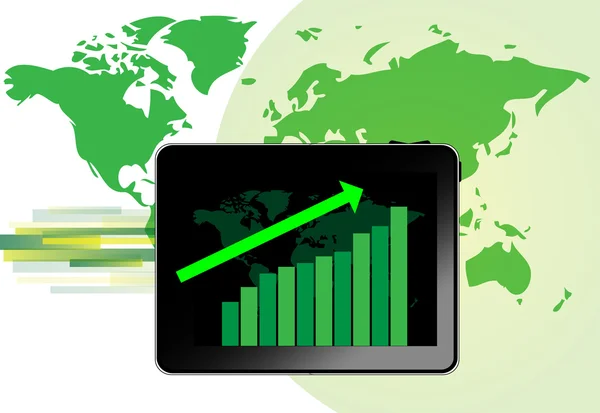 Tablet with graph for growth with green world map background — Stock Vector