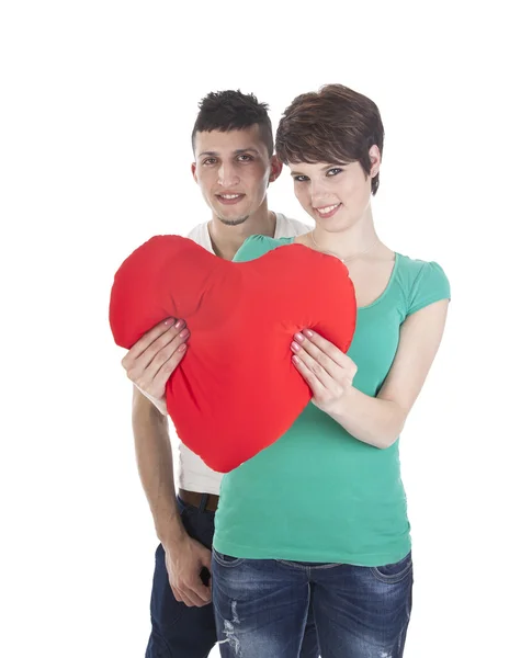 Man and woman with red heart — Stock Photo, Image
