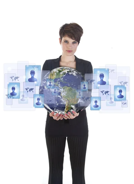 Young woman holding earth with social media symbols isolated on white — Stock Photo, Image