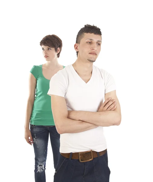 Young man and woman arguing isolated on white background — Stock Photo, Image