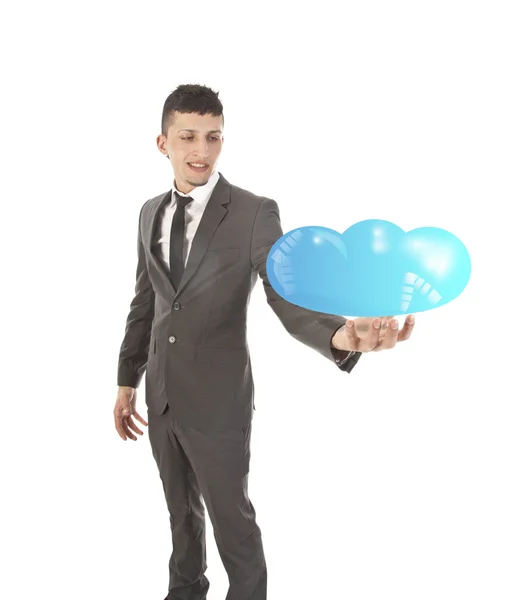 Jonge man houden wolk concept geïsoleerd op witte achtergrond — Stockfoto